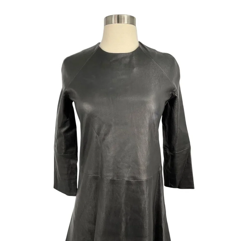 THEPERFEXT Harlem Leather Dress Black Zip Back 3/4 Sleeves Size M Medium - Picture 2 of 11